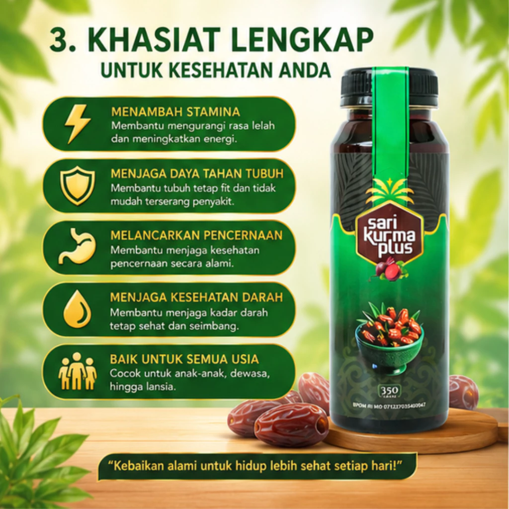 Sari Kurma Plus  Asli 100% Original Obat Herbal Penambah Nafsu Makan Berat Badan Asam Lambung Maag Gerd Flek Paru Paru Asma Sesak Nafas Kolesterol Darah Tinggi Sakit Kepala Demam Batuk Berdahak Menahun Tipes Diabetes Stroke Ispa 4