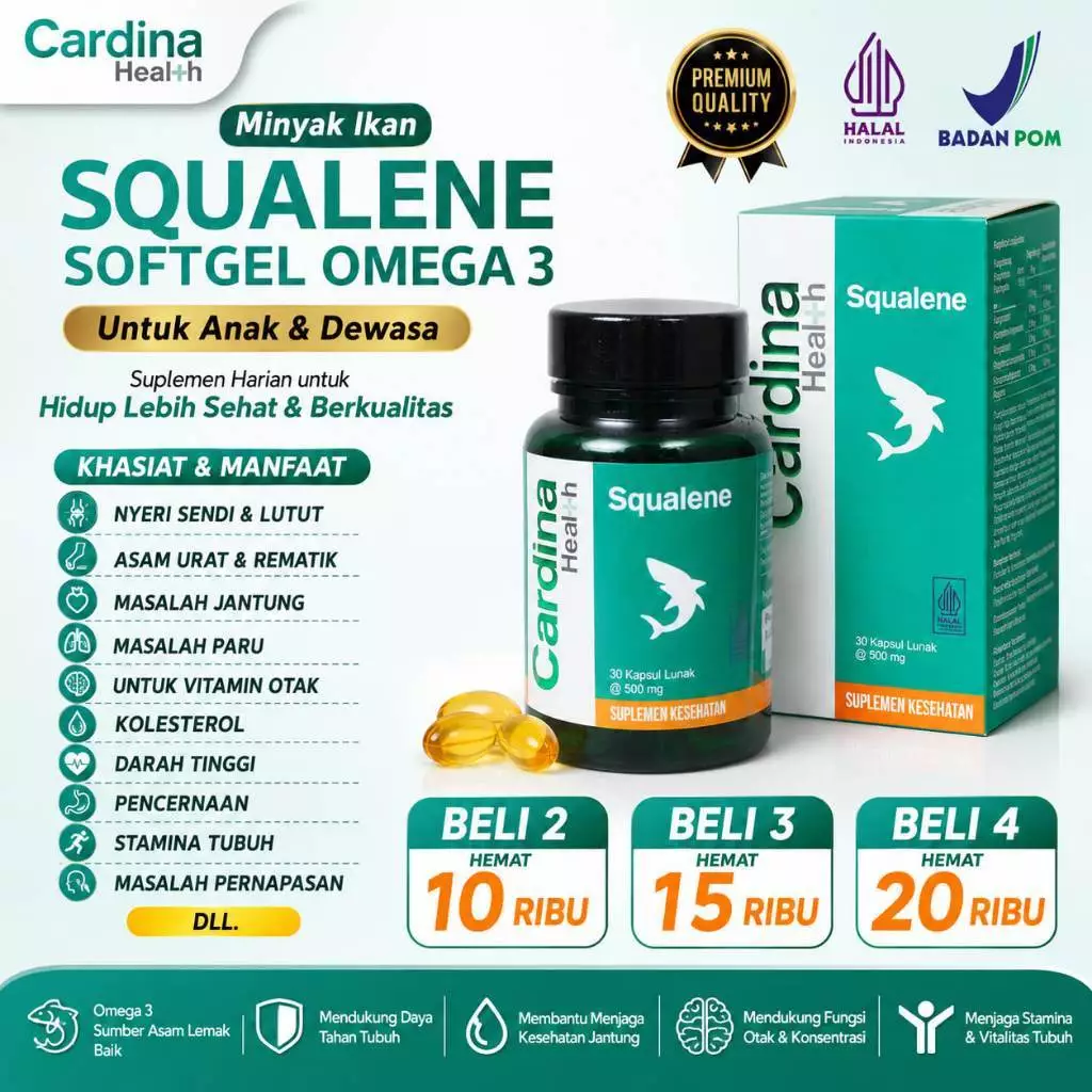 Minyak Ikan Cardina Health Squalene Softgel Omega 3 Fish Oil Untuk Anak dan Dewasa Obat Herbal Multikhasiat Bantu Atasi Nyeri Sendi Lutut Asam Urat Rematik Darah Tinggi Vitamin Otak Maag Asam Lmbung Sakit Perut Anti Oksidan